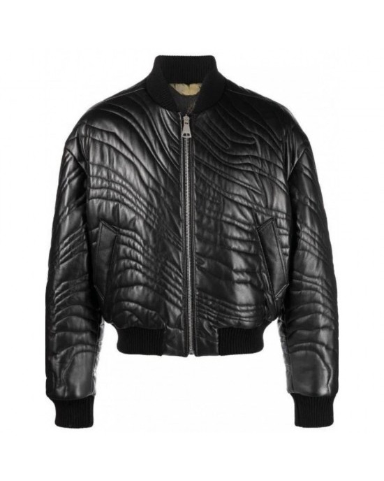 Vogue trendy stripe-quilted leather bomber jacket
