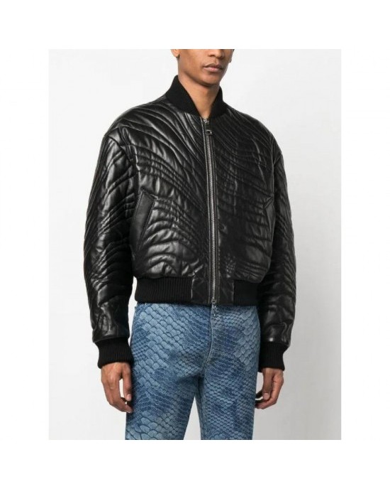 Vogue trendy stripe-quilted leather bomber jacket