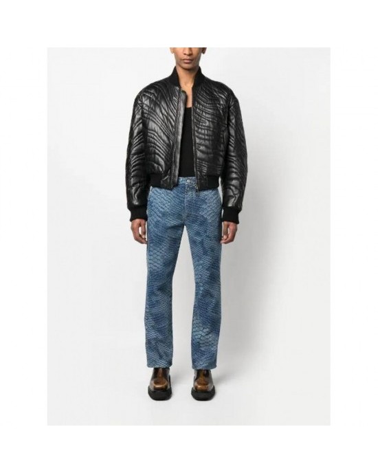 Vogue trendy stripe-quilted leather bomber jacket