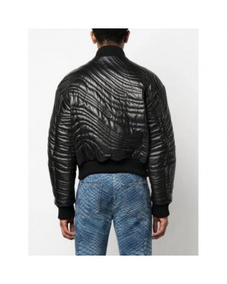 Vogue trendy stripe-quilted leather bomber jacket