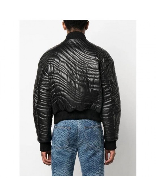 Vogue trendy stripe-quilted leather bomber jacket