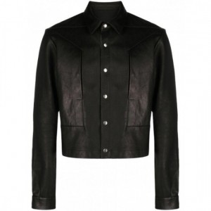 Front press-stud fastening leather jacket