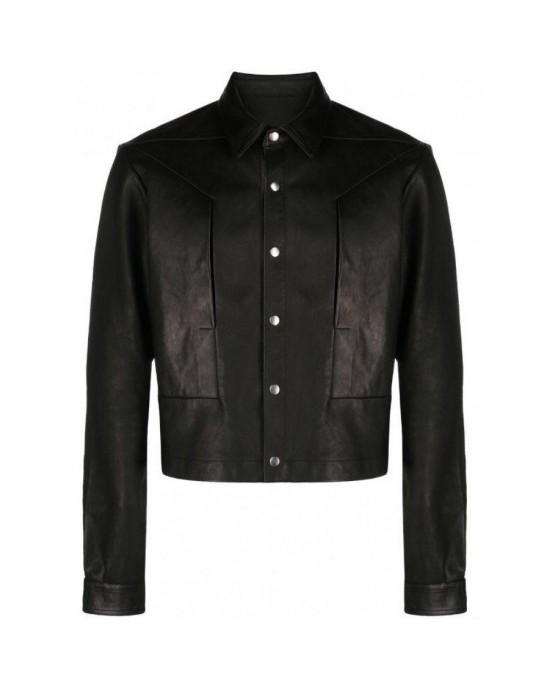 Front press-stud fastening leather jacket