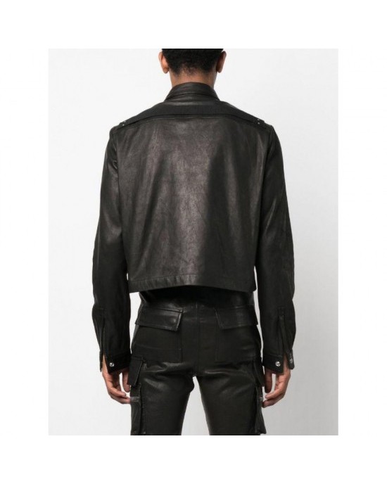 Front press-stud fastening leather jacket