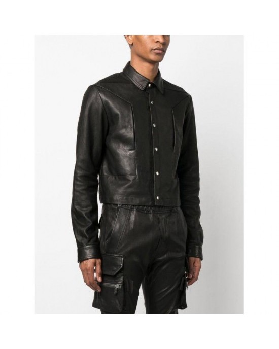 Front press-stud fastening leather jacket