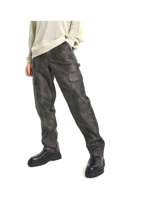 relaxed cargo trousers in washed leather look